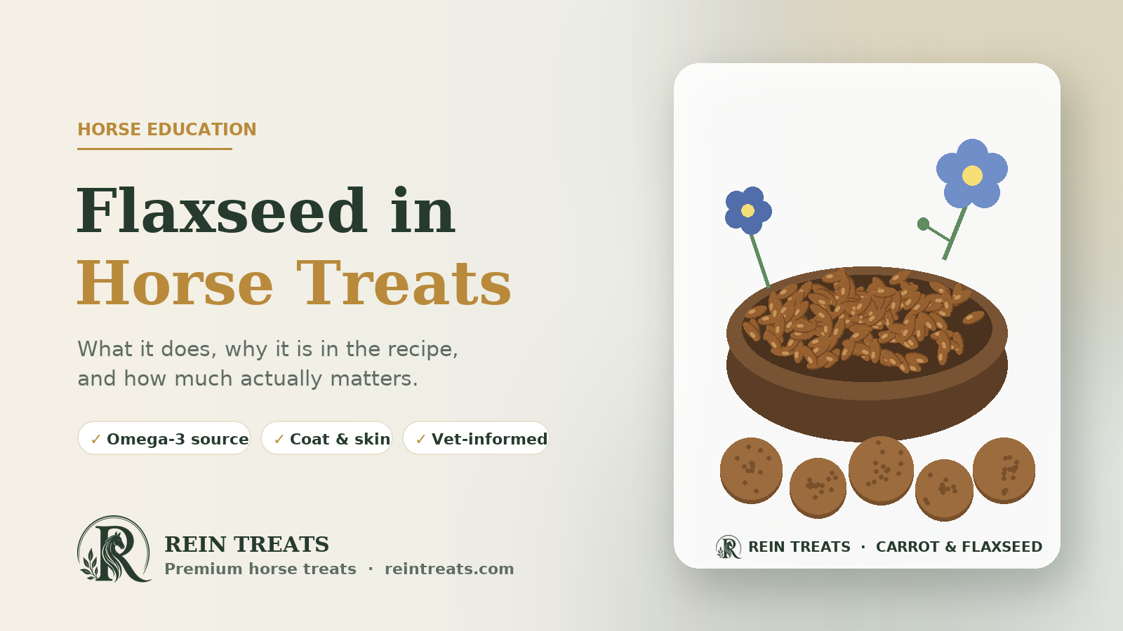 Flaxseed in horse treats – bowl of ground flaxseed with flax flowers and Rein Treats Carrot & Flaxseed treats