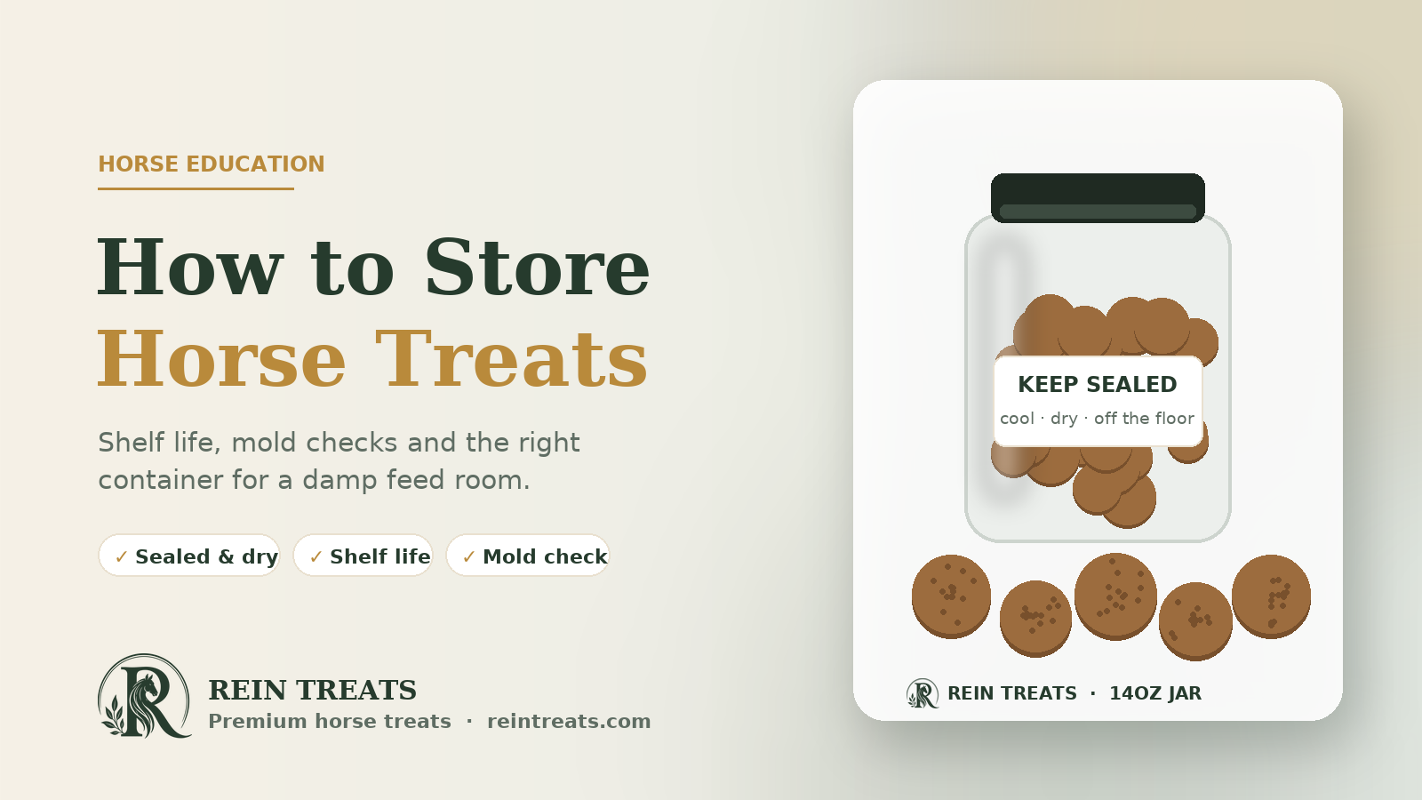 How to store horse treats – Rein Treats sealed 14oz jar with treats, shelf-life and mold-check tips
