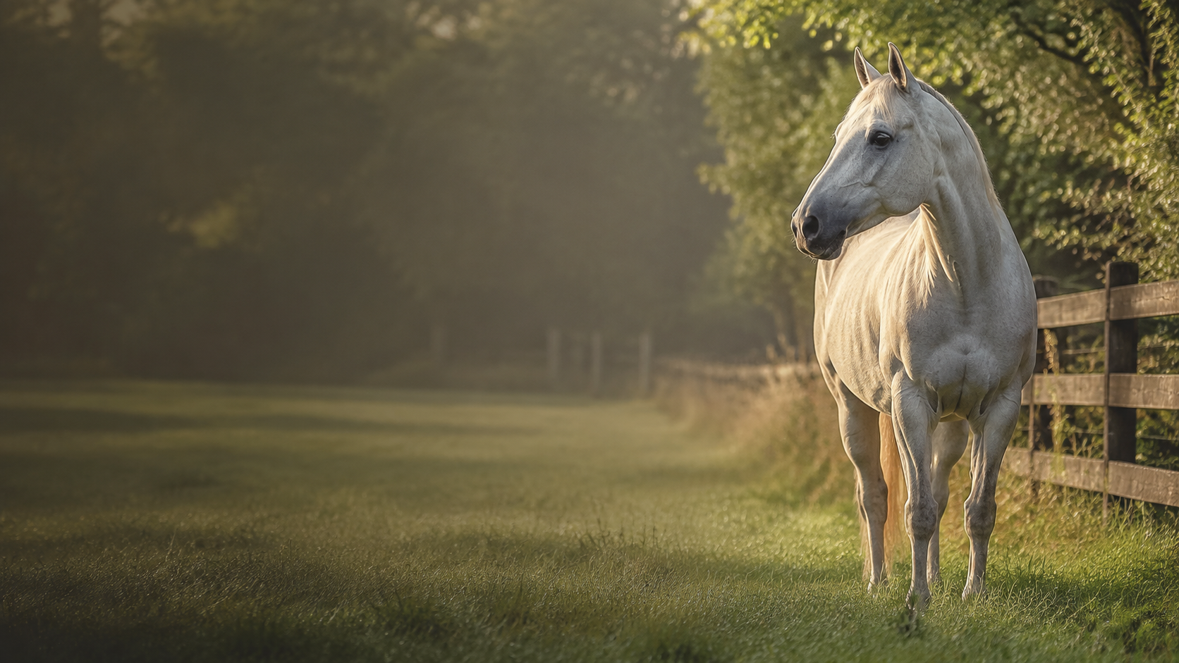White horse standing beside a pasture fence in warm morning light